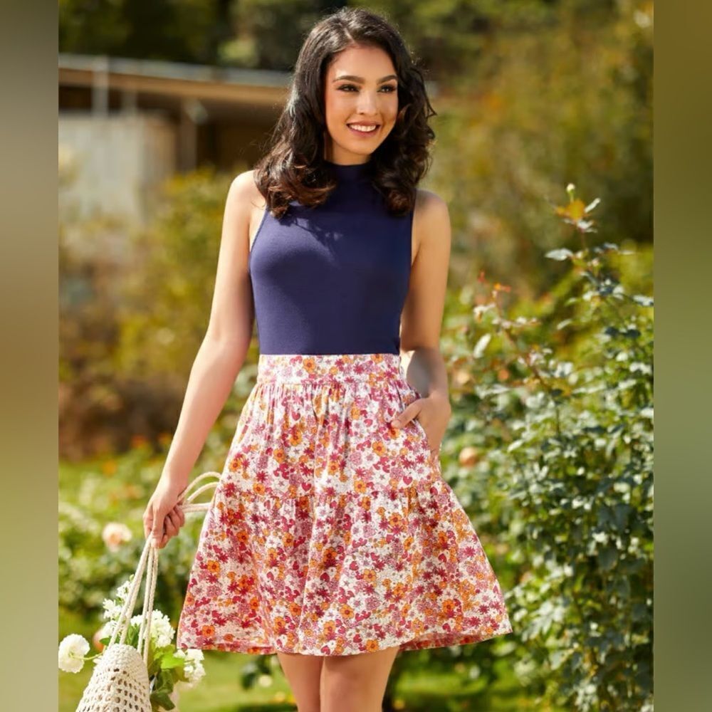 Modcloth Dolls On Parade Tiered Skirt Casusl Cotton Aline Mini Pink Orange M NWT